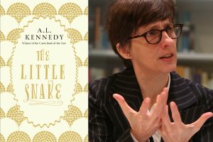 Photo of author A L Kennedy with the cover of her new book, A Little Snake