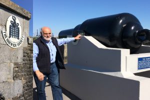 A photo of David Whittle telling us about the cannon at Harwich Redoubt