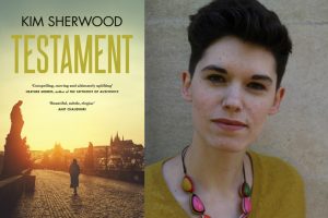 Image of Kim Sherwood the author, and the cover of her book, Testament