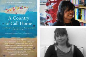 An image of authors Lucy Popescu and Sita Brahmachari, with the cover of the book, A Country to Call Home