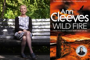 Photo of Ann Cleeves with her latest book cover