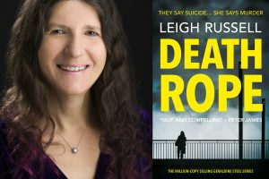 An image of author Leigh Russell with the cover of her latest book