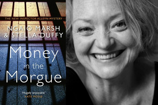 A photo of author Stella Duffy and the front cover of her book, Money in the Morgue