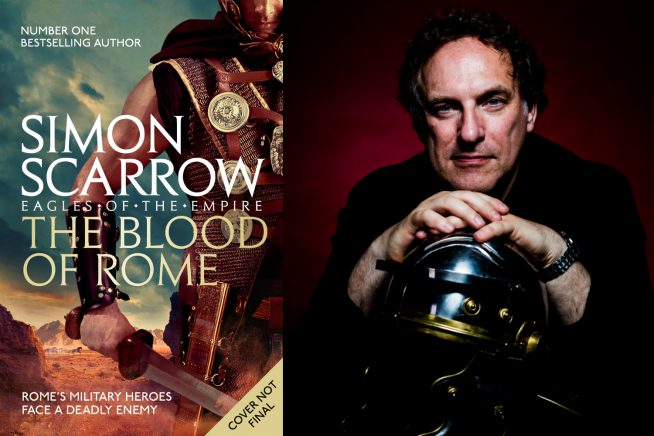An image of author Simon Scarrow with the cover of his new novel