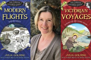 Image of author Julia Golding and covers of her books from the Science Quest series