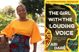 Photo of author Abi Dare alongside image of The Girl With the Louding Voice book cover