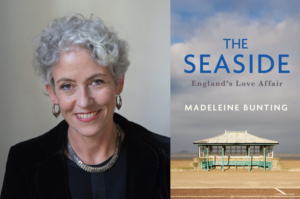 Photo of author Madeleine Bunting alongside image of The Seaside book cover