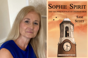 Photo of author Sam Scott alongside image of Sophie Spirit book cover