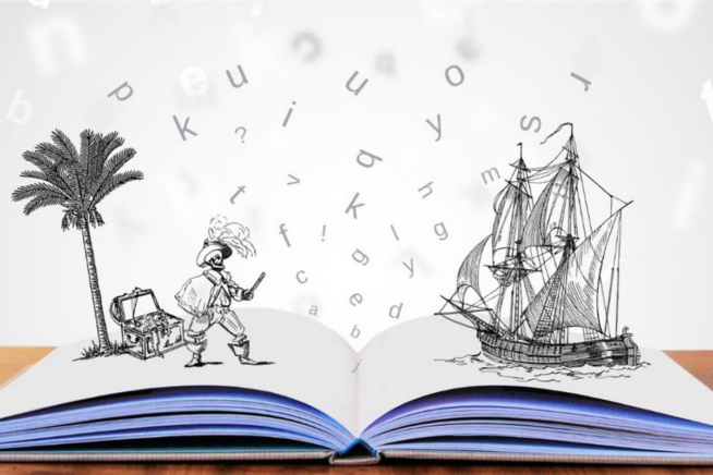 Illustration of an open book with pirate ship, pirate and letters floating up off of the pages